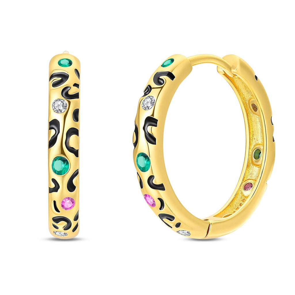 Leopard Print Gold Hoop Earrings with Multicolor Stones