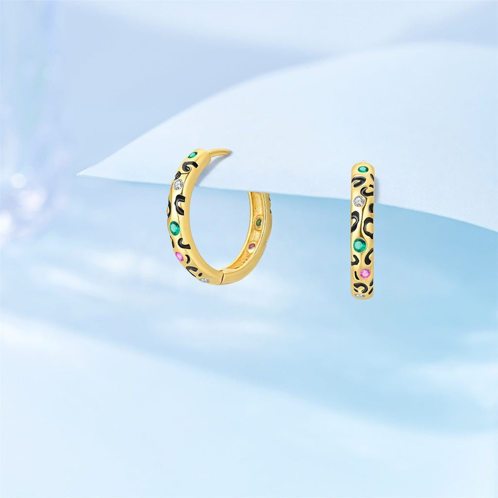 Leopard Print Gold Hoop Earrings with Multicolor Stones