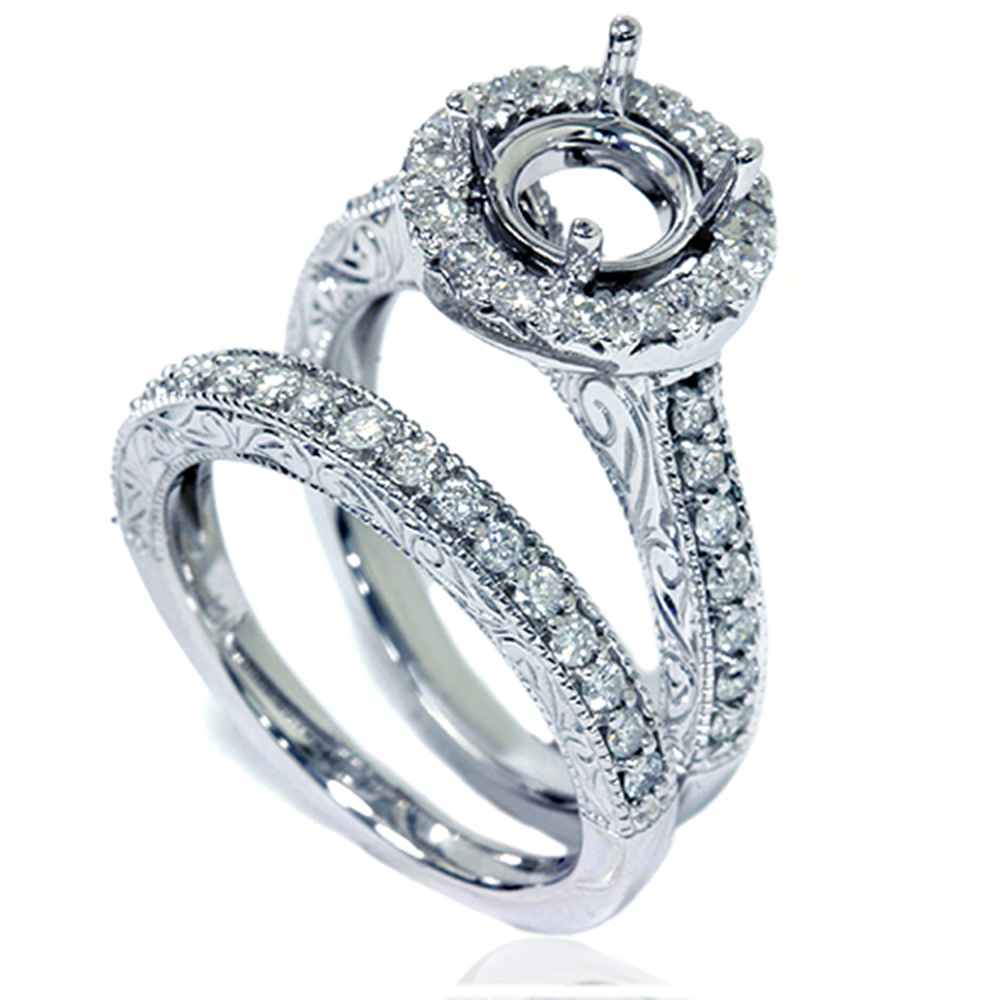 1ct Vintage Engagement Ring Set Semi Mount 14K White Gold Size Selectable