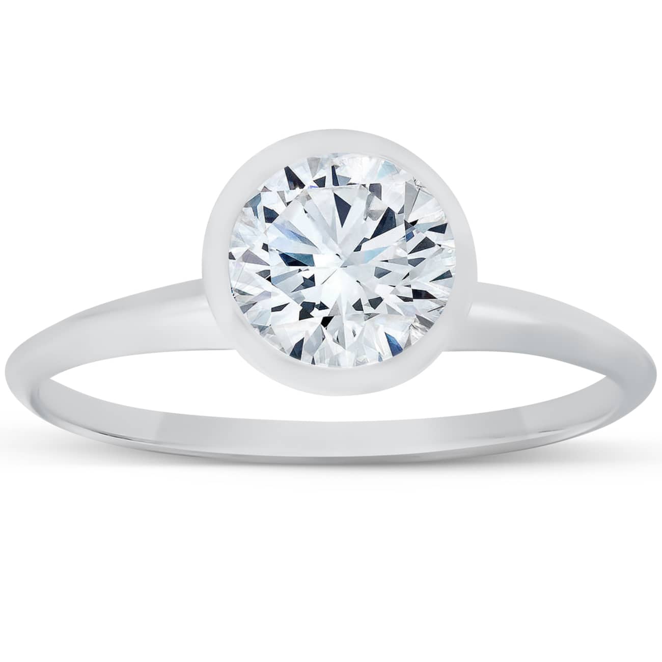 1ct Bezel Solitaire Lab Grown Engagement Ring 14K White Gold Size Selectable