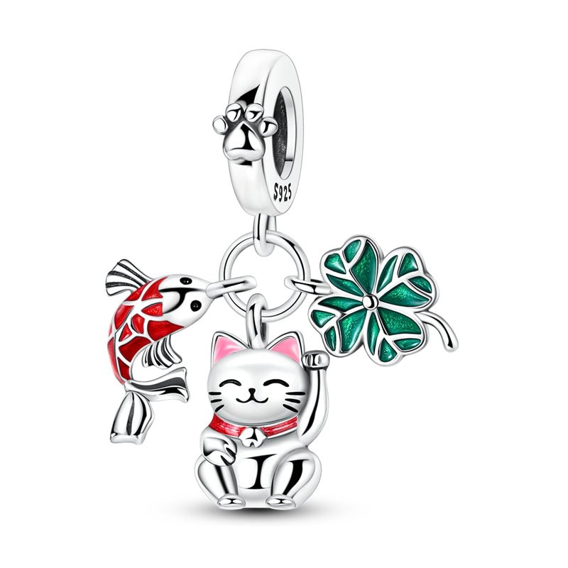 Lucky Cat, Koi Fish, & Four-Leaf Clover Dangle Charm
