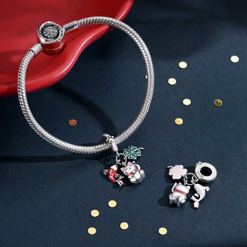 Lucky Cat, Koi Fish, & Four-Leaf Clover Dangle Charm