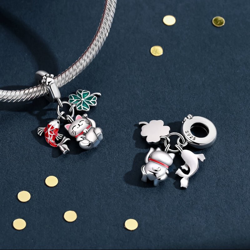 Lucky Cat, Koi Fish, & Four-Leaf Clover Dangle Charm