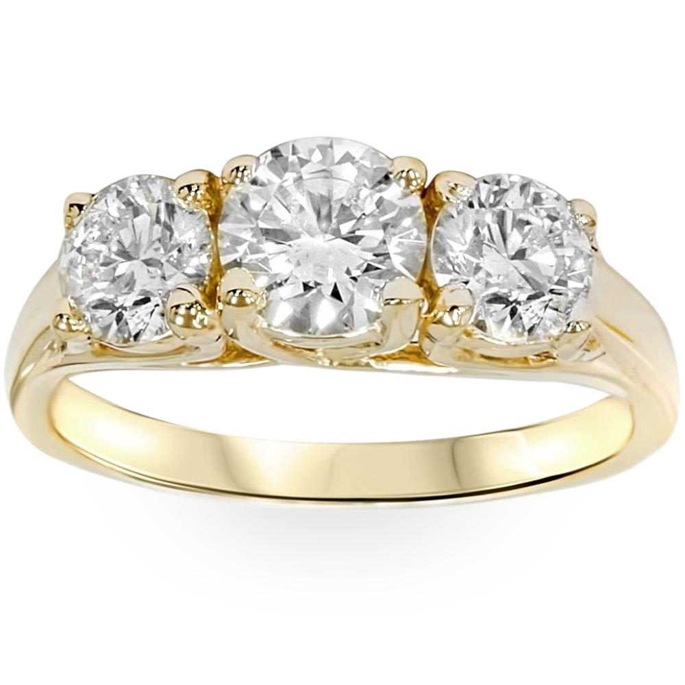 2ct Three Stone Diamond Engagement Ring 14K Yellow Gold Size Selectable