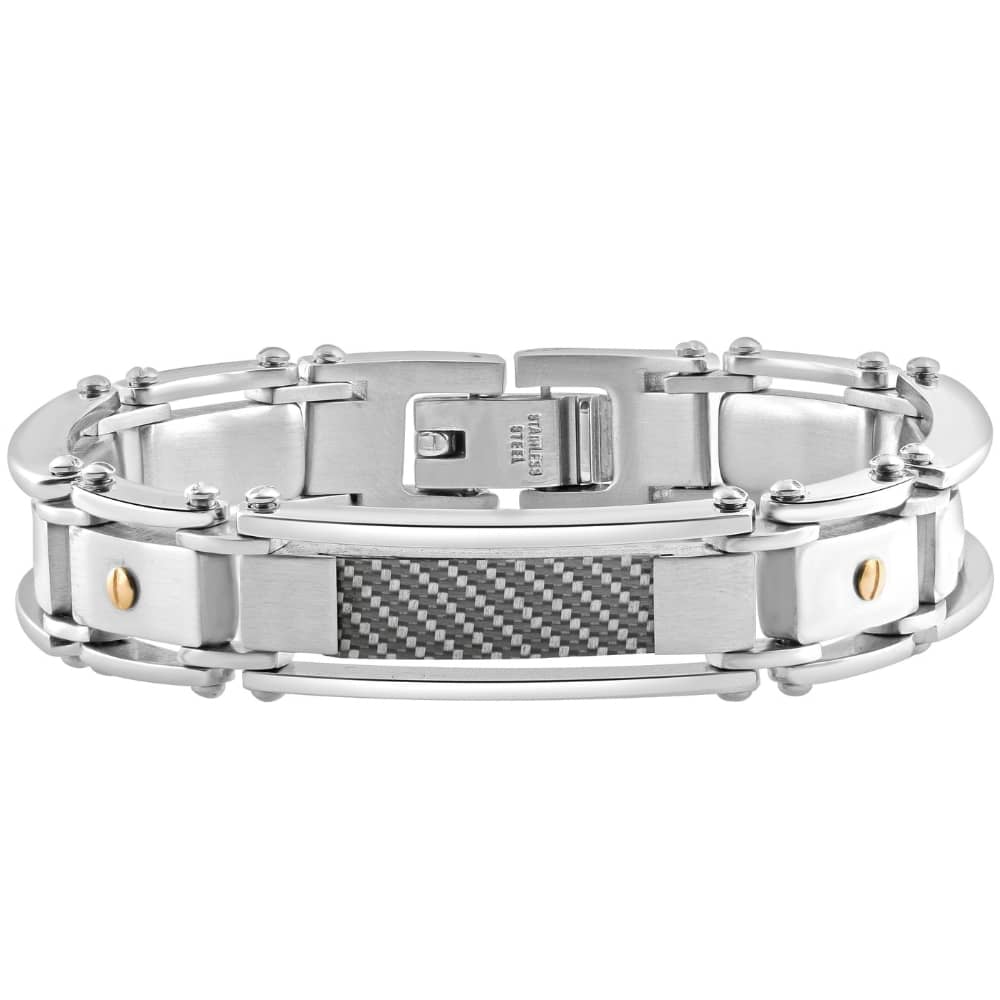 Men's Single Toned Steel Carbon Fiber Gold Screwed 13mm Link 9.5" Bracelet