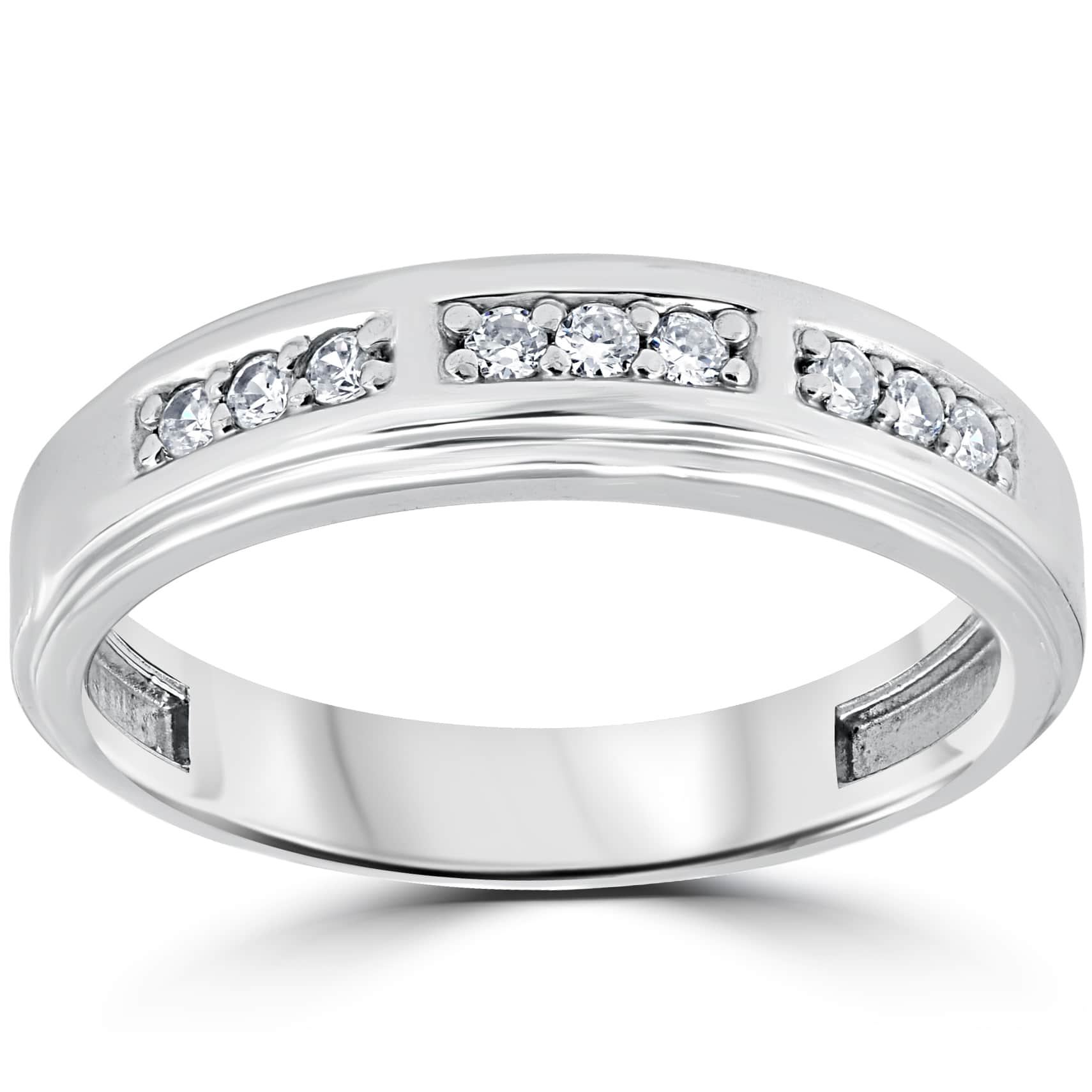 1/4Ct Mens Round Diamond Polished Wedding Ring 10k White Gold