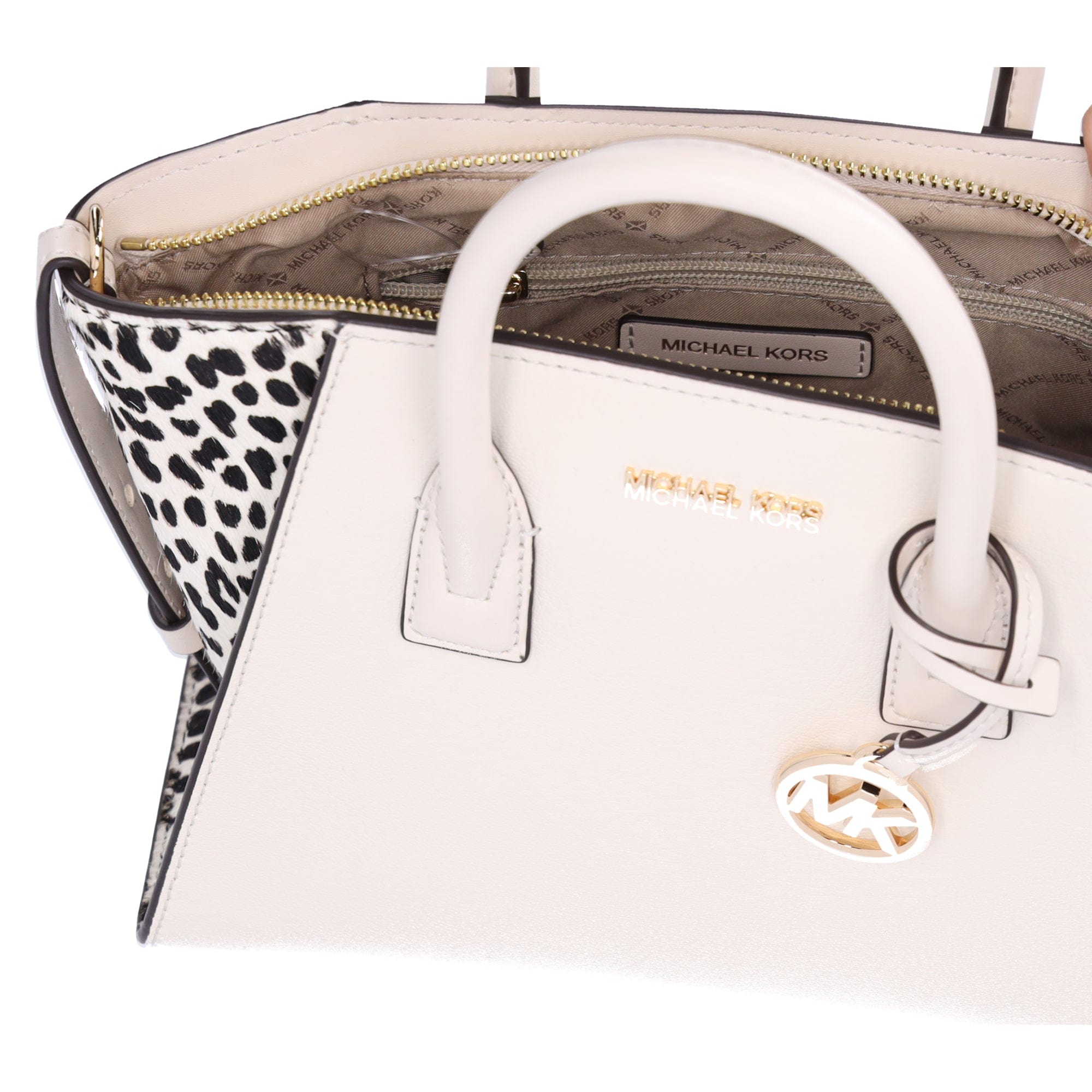 Michael Kors Avril Small Leather Cheetah Print Calf Hair Satchel Light Cream