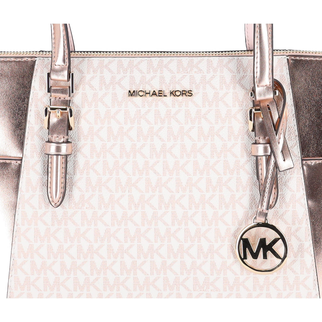 Michael Kors Charlotte Large Signature Logo Metallic Top Zip Tote Bag Rose Gold