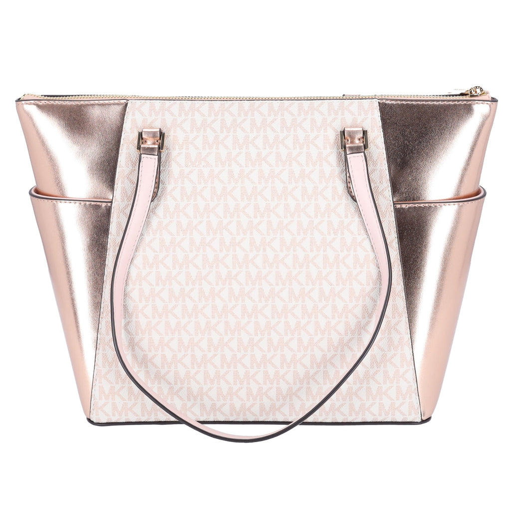 Michael Kors Charlotte Large Signature Logo Metallic Top Zip Tote Bag Rose Gold