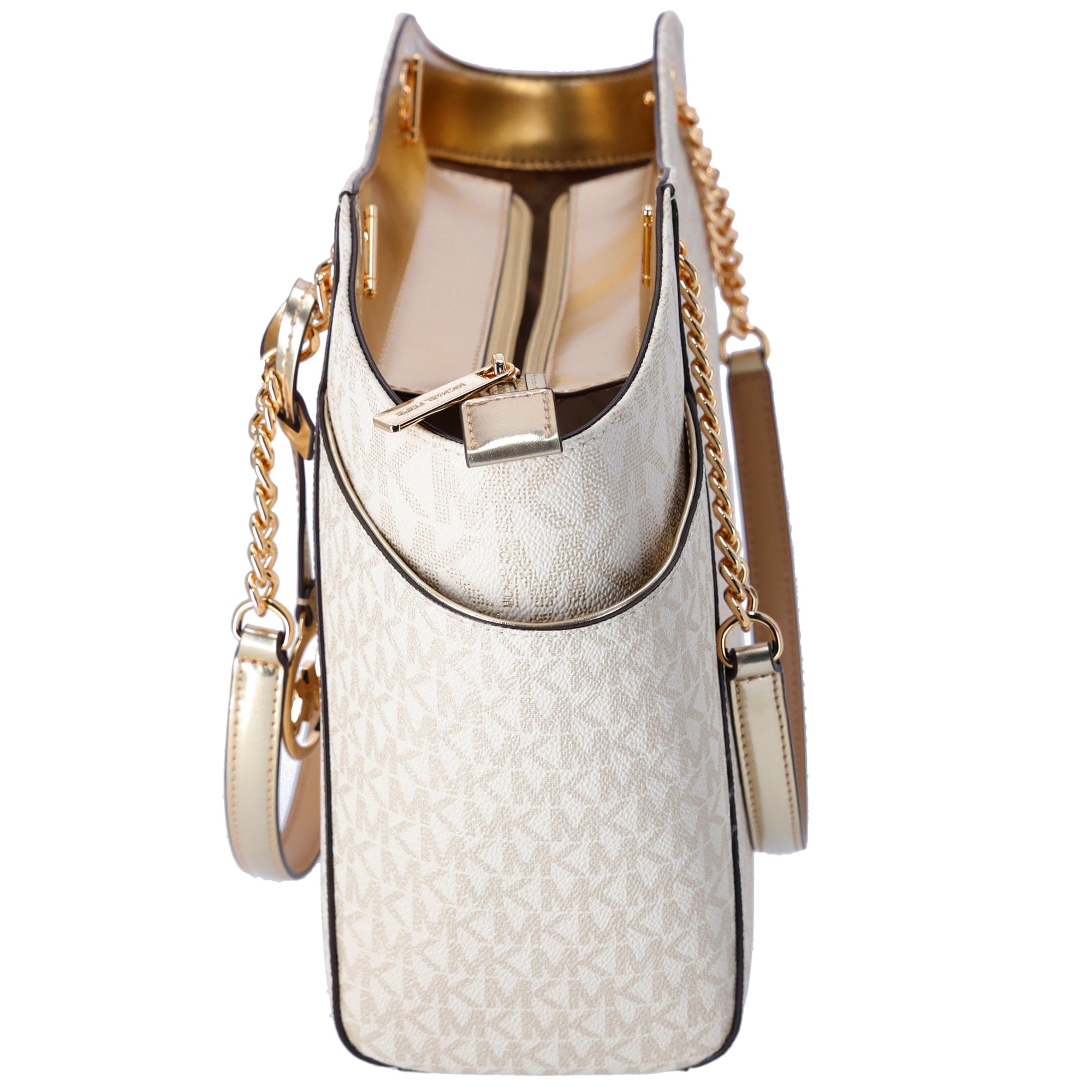 Michael Kors Jet Set Travel Large Chain Shoulder Tote Pale Gold MK Signature