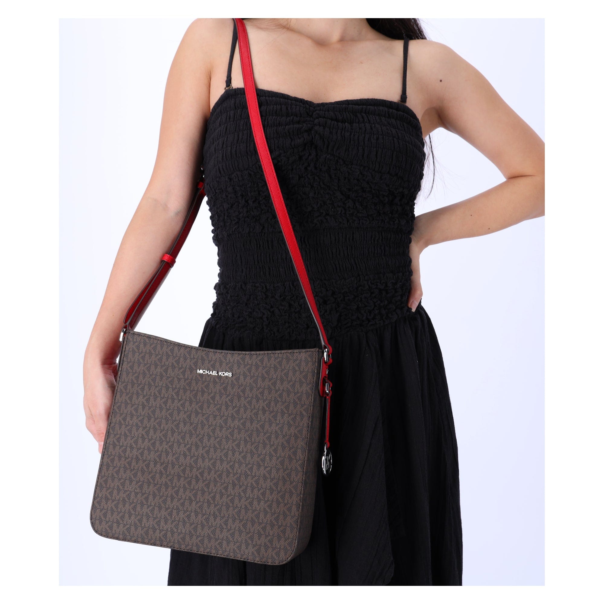 Michael Kors Jet Set Travel Large Messenger Bag Crossbody Brown MK Bright Red