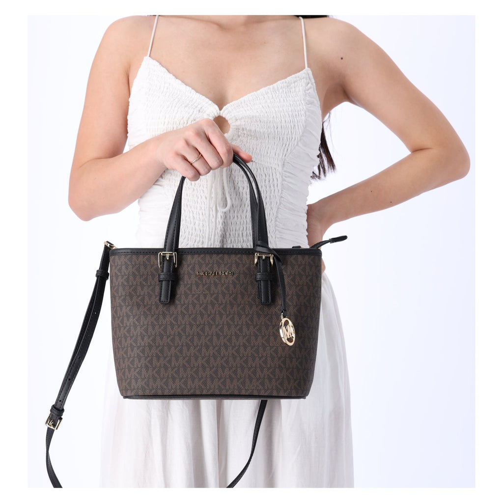 Michael Kors JetSet Small XS Carryall Convertible ToteCrossbody BrownMKBlack