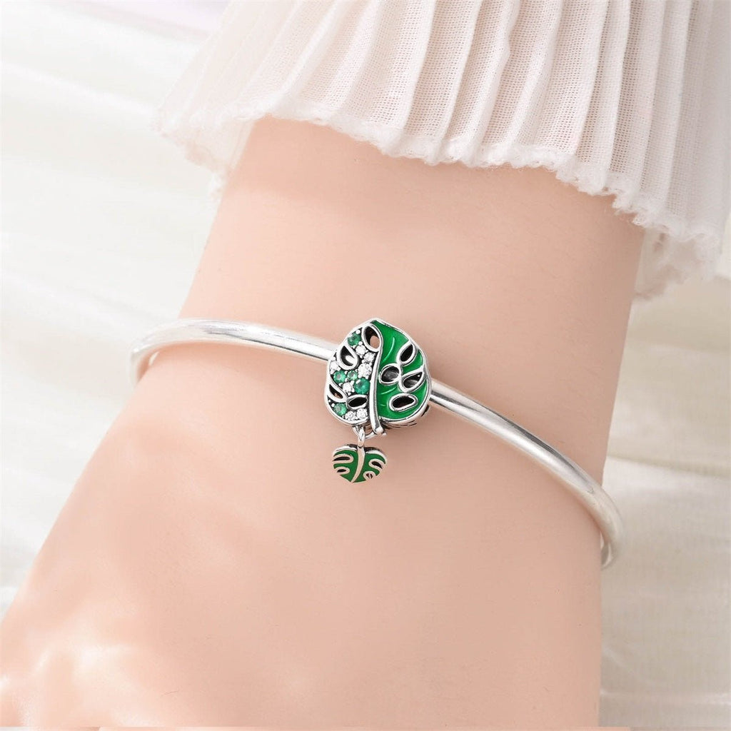 Monstera Leaf & Green Crystal Dangle Charm