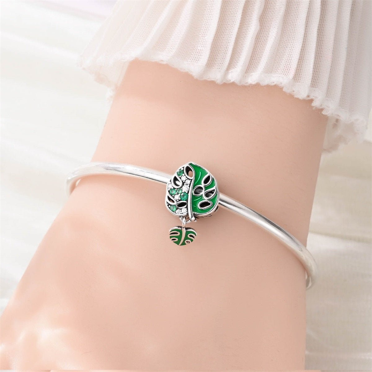 Monstera Leaf & Green Crystal Dangle Charm
