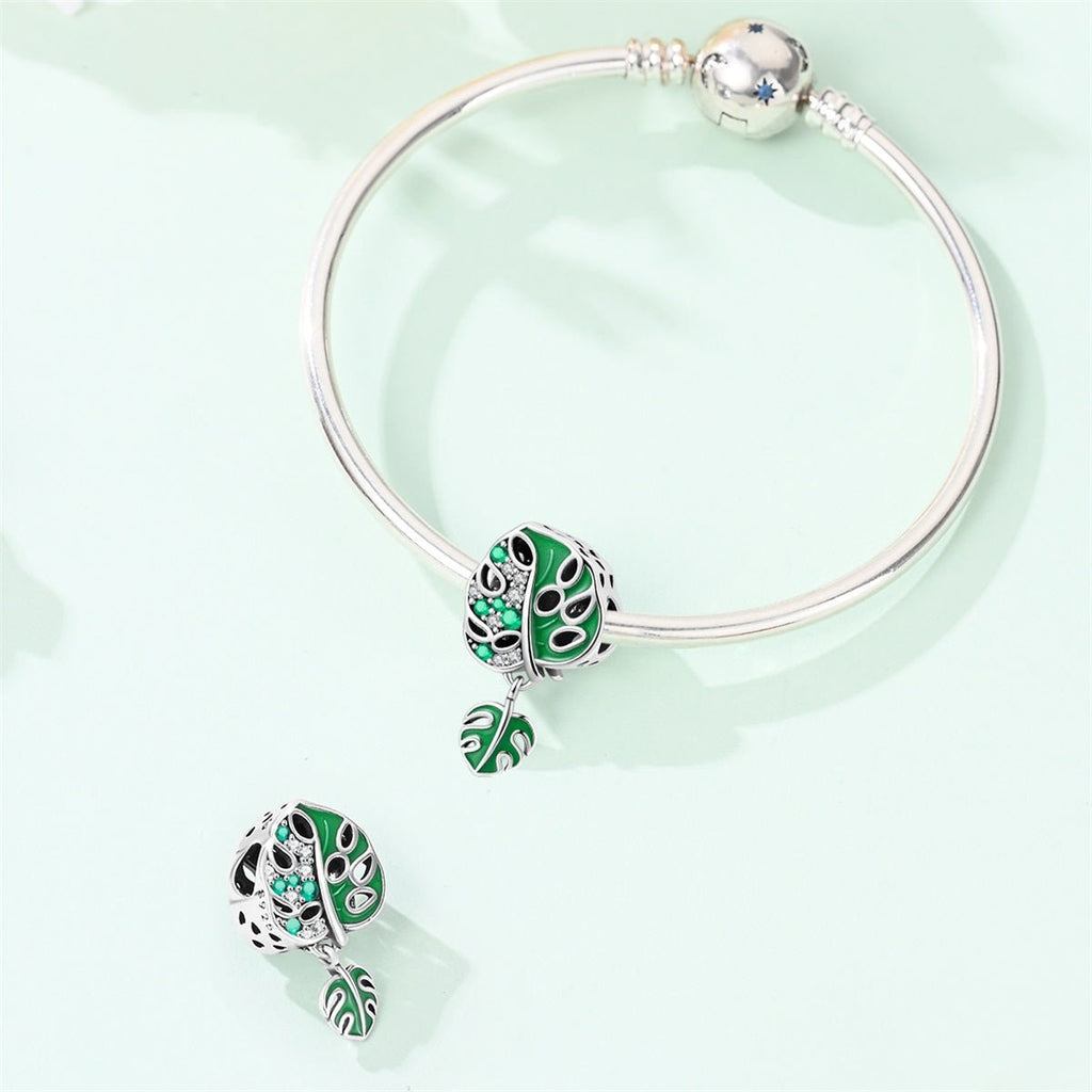 Monstera Leaf & Green Crystal Dangle Charm