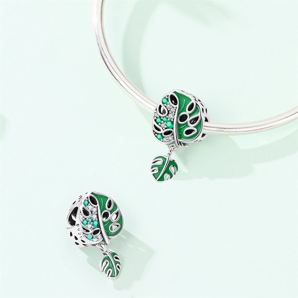 Monstera Leaf & Green Crystal Dangle Charm