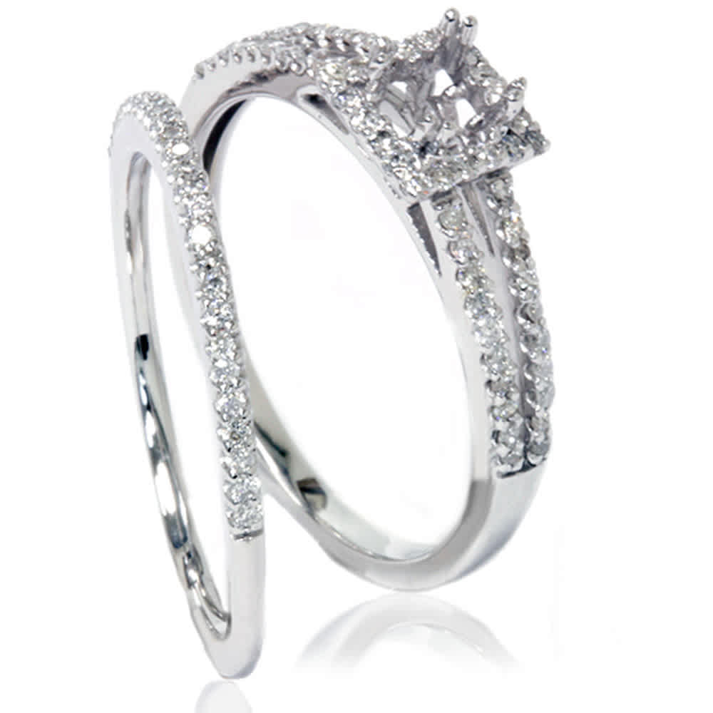 3/8CT Split Shank Princess Cut Halo Engagement Ring Set Setting 14K White Gold Size Selectable