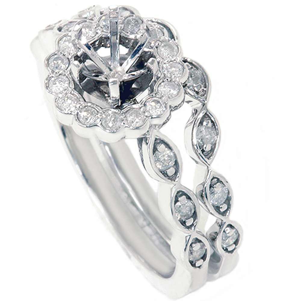 1/2ct Vintage Diamond Ring Semi Mount Bridal Set 14K White Gold Size Selectable
