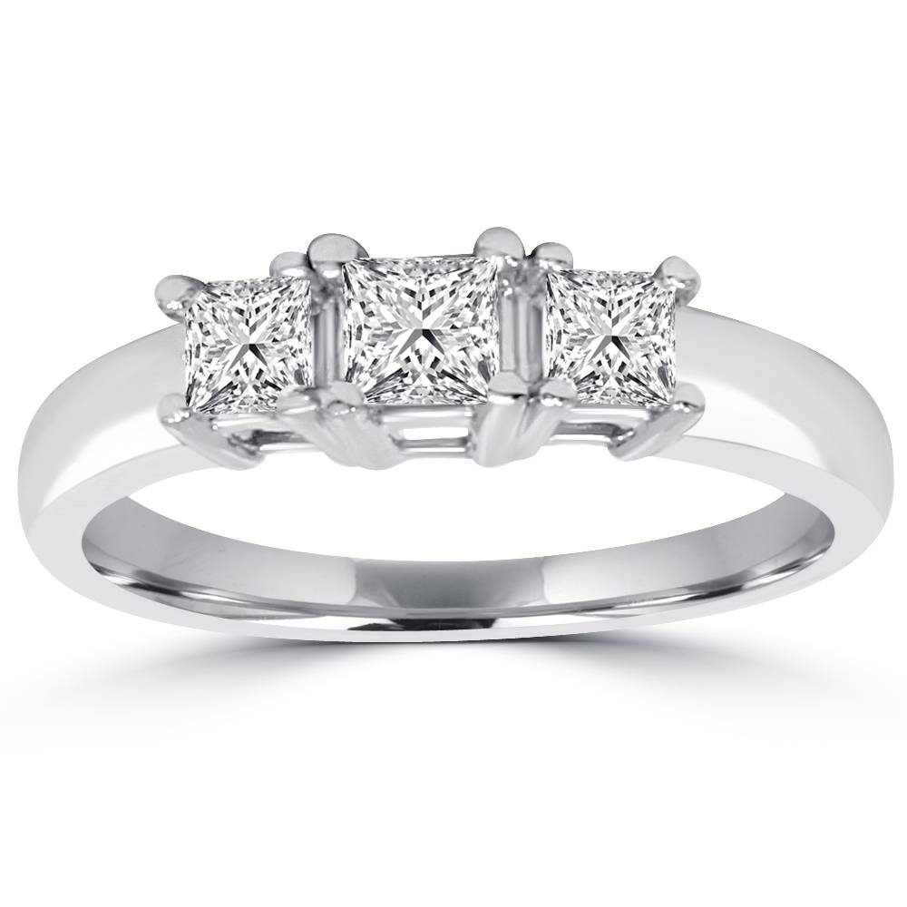 1ct Three Stone Princess Cut Diamond Engagement Ring 14K White Gold Size Selectable