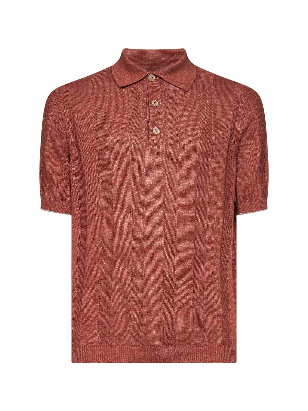 Brunello Cucinelli Men Terracotta Wide Ribbed Linen And Cotton Knit Polo Shirt