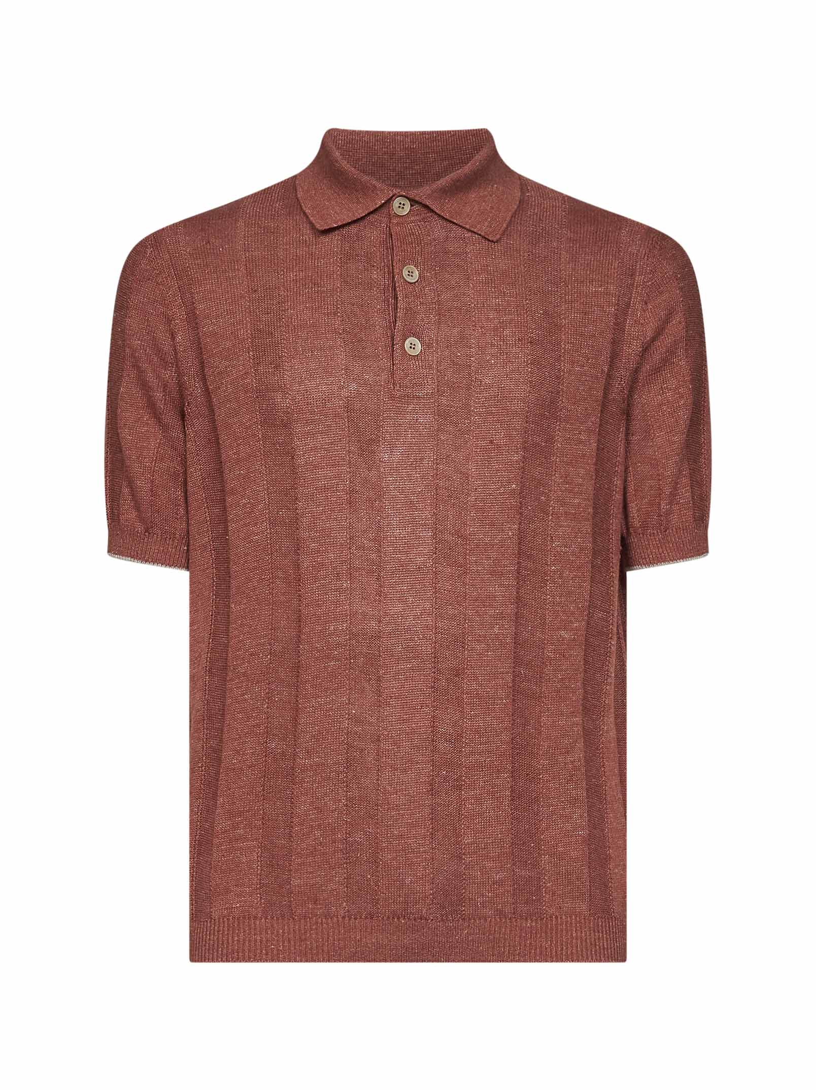 Brunello Cucinelli Men Terracotta Wide Ribbed Linen And Cotton Knit Polo Shirt