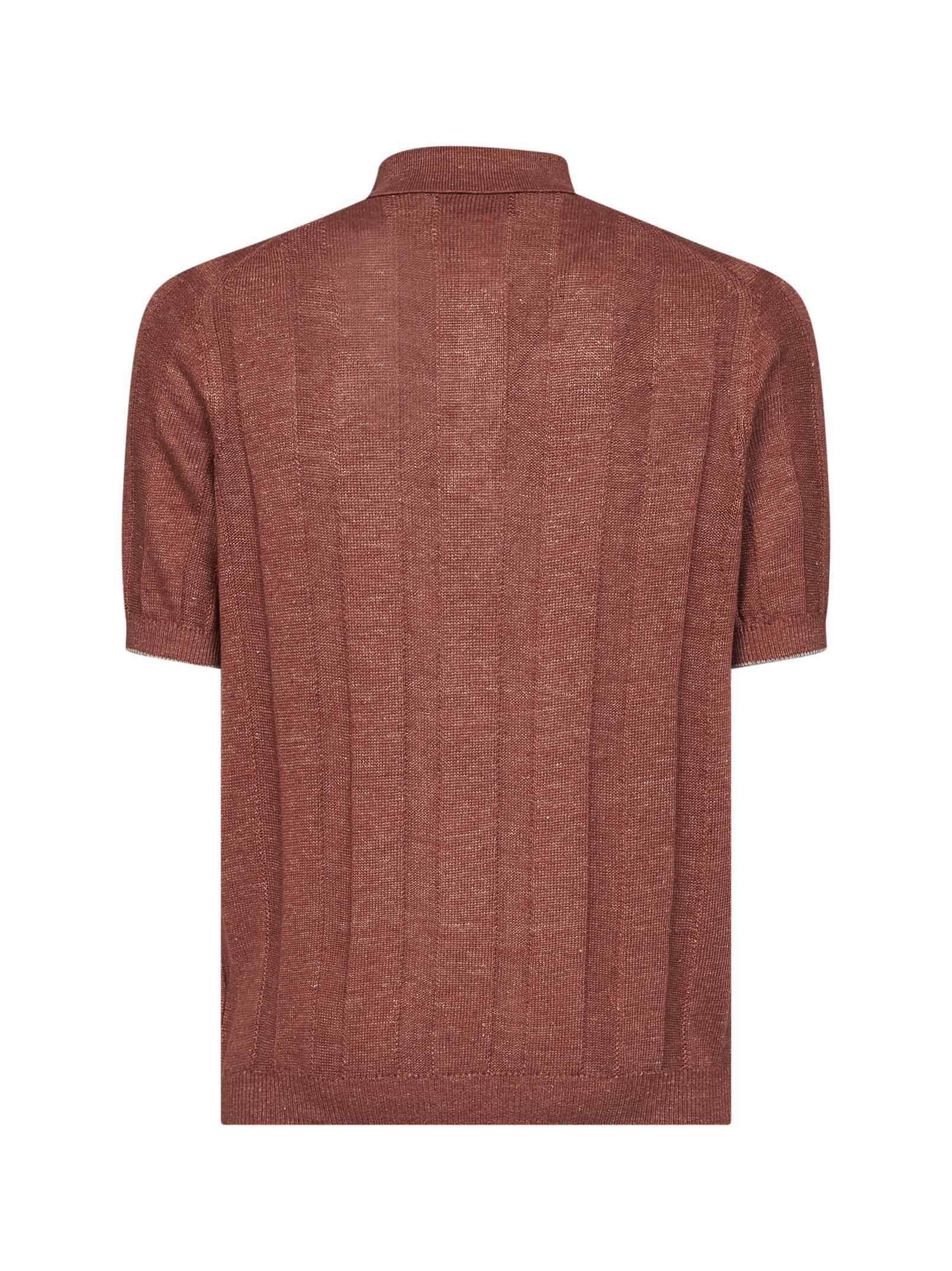 Brunello Cucinelli Men Terracotta Wide Ribbed Linen And Cotton Knit Polo Shirt
