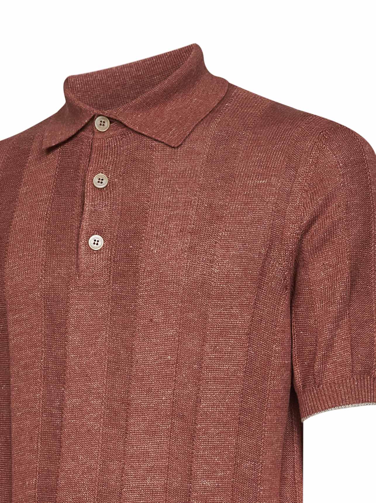 Brunello Cucinelli Men Terracotta Wide Ribbed Linen And Cotton Knit Polo Shirt