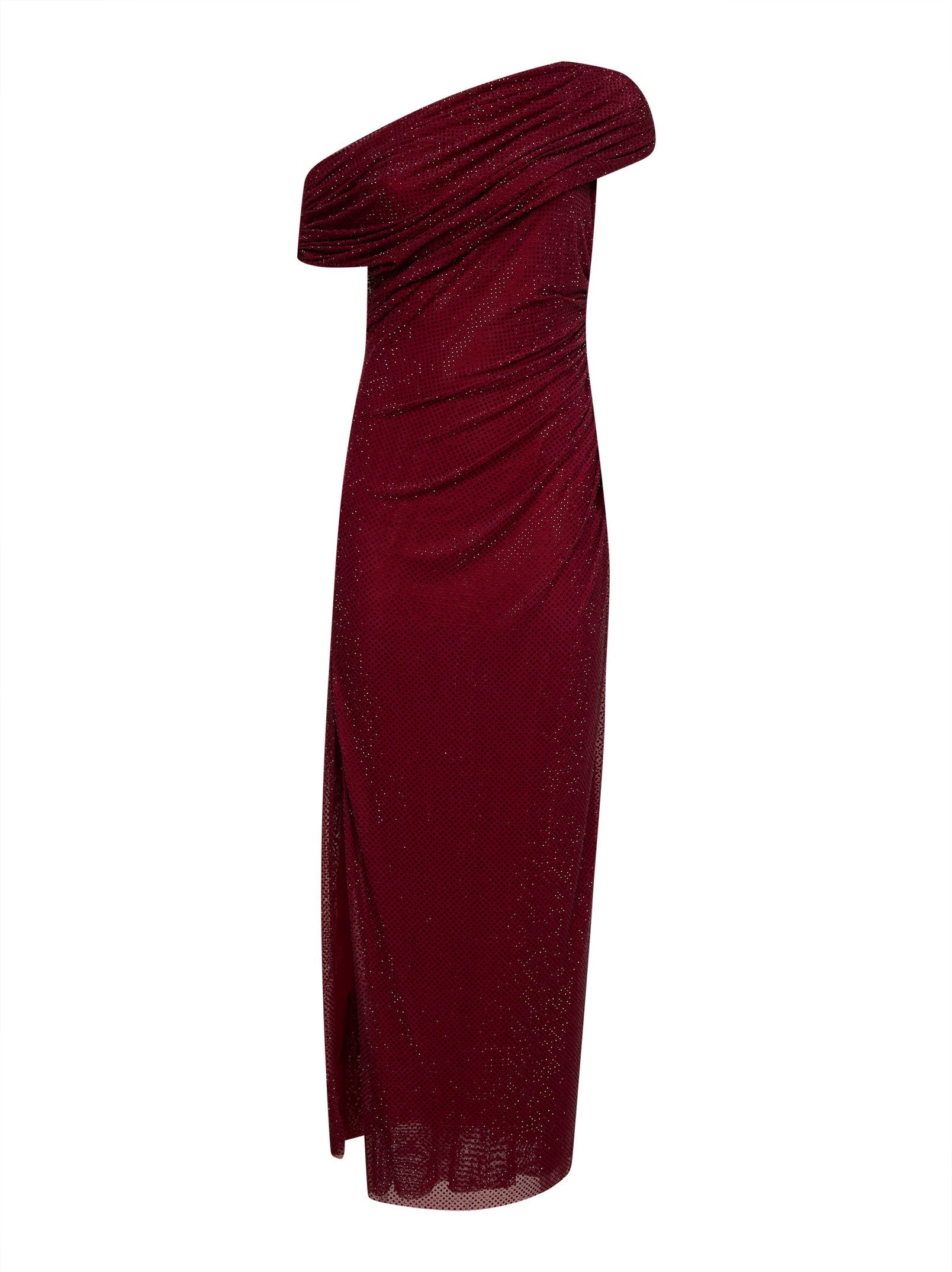 Self Portrait Women Burgundy Rhinestone Jersey One-Shoulder Midi Dress