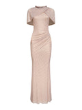 Self Portrait Women Champagne Rhinestone Stretch Tulle Maxi Dress