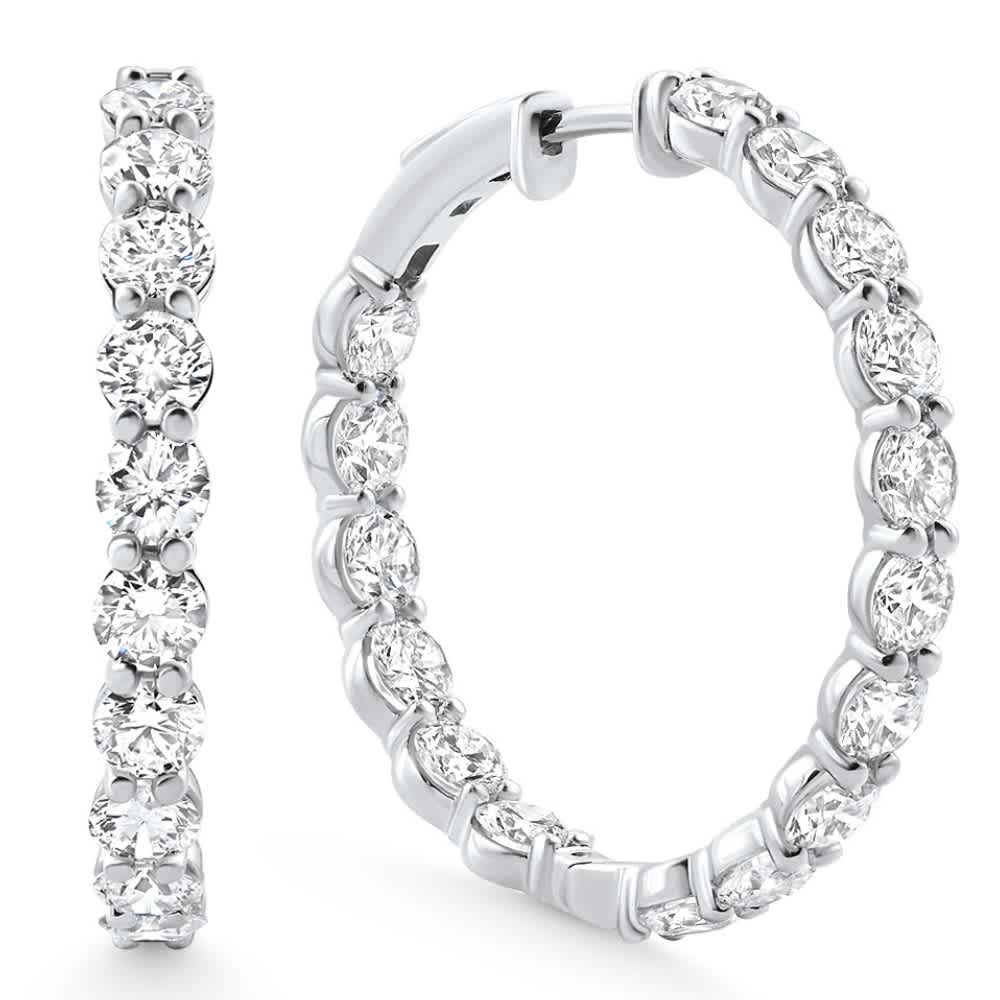 7Ct TW Round Diamond Inside Outside Hoops Vault Lock 14k White Gold Lab Grown Size: 1" Tall