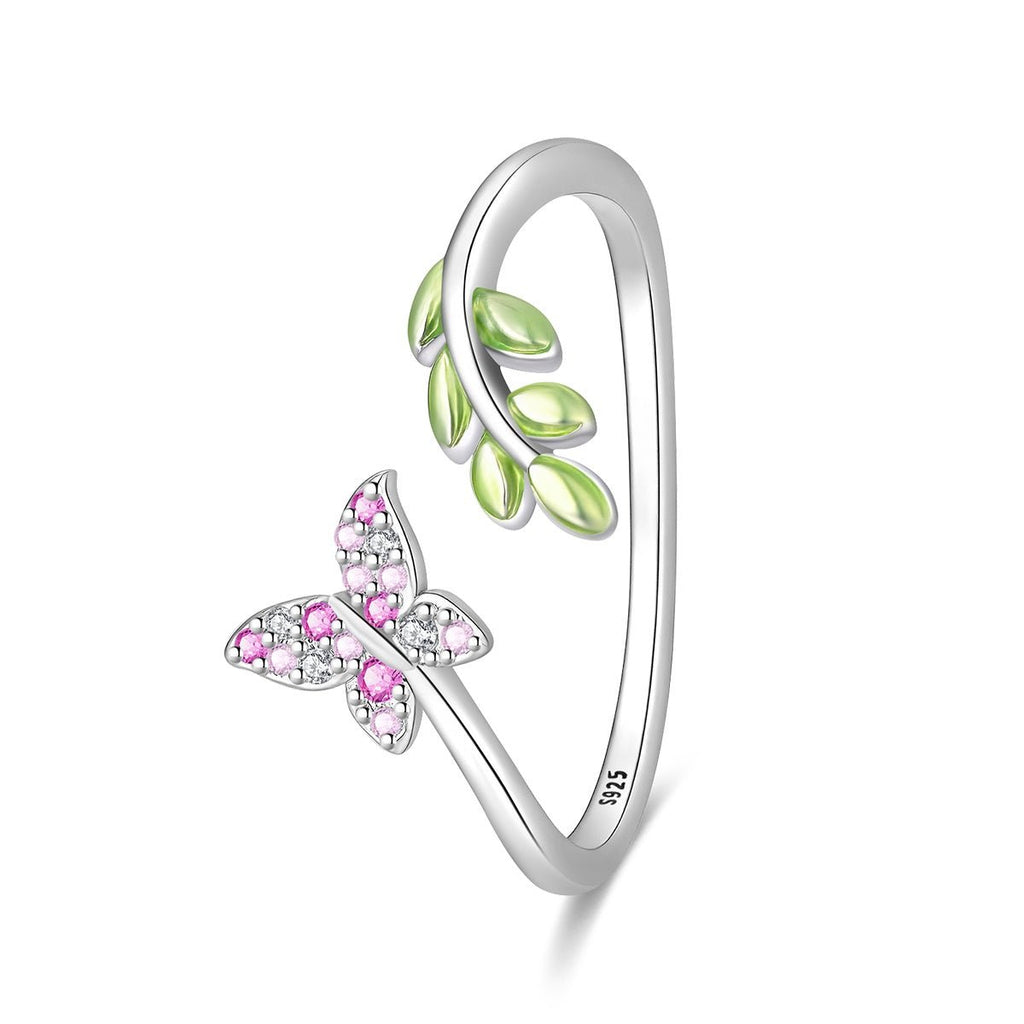 Pink Butterfly & Green Leaf Adjustable Ring
