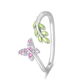 Pink Butterfly & Green Leaf Adjustable Ring