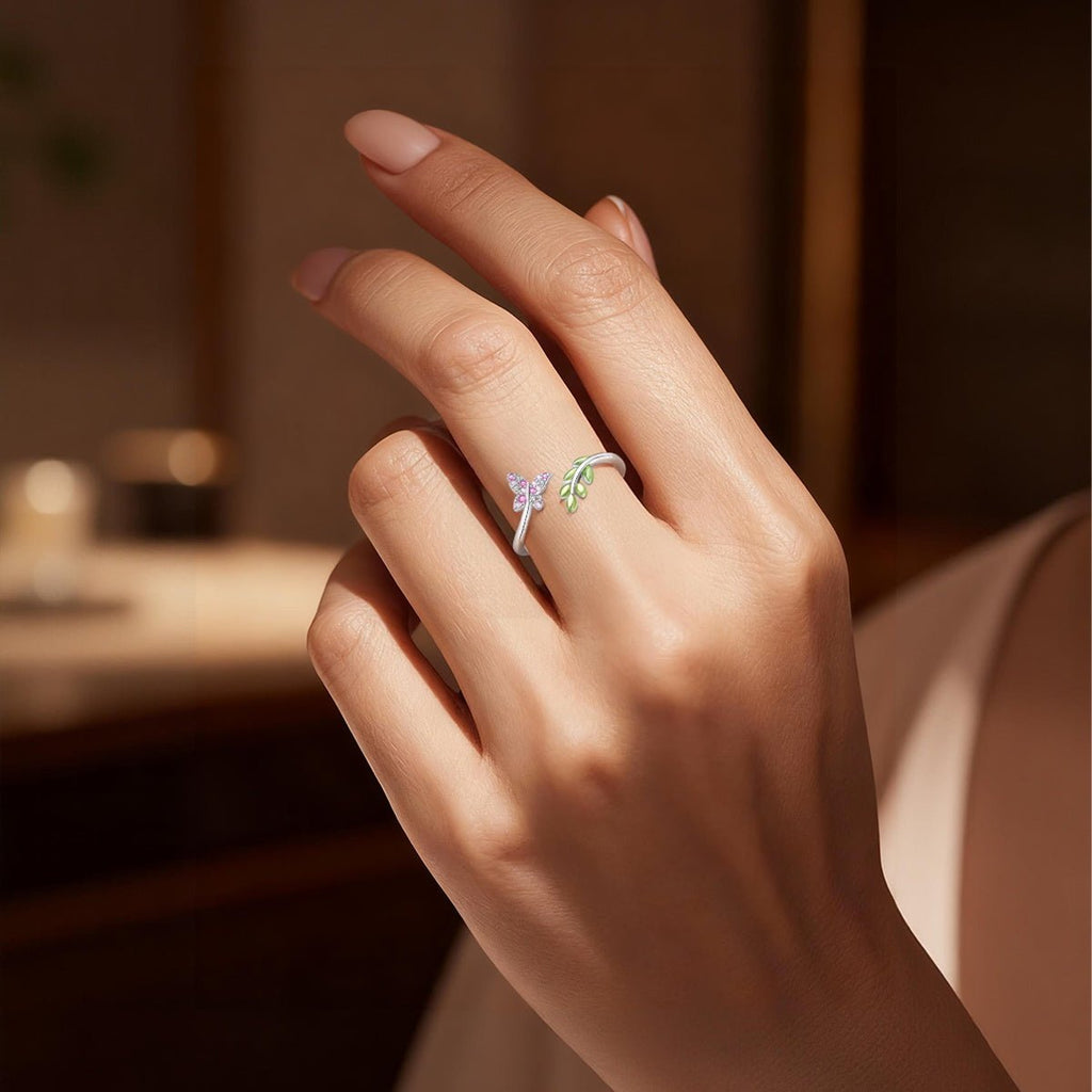 Pink Butterfly & Green Leaf Adjustable Ring