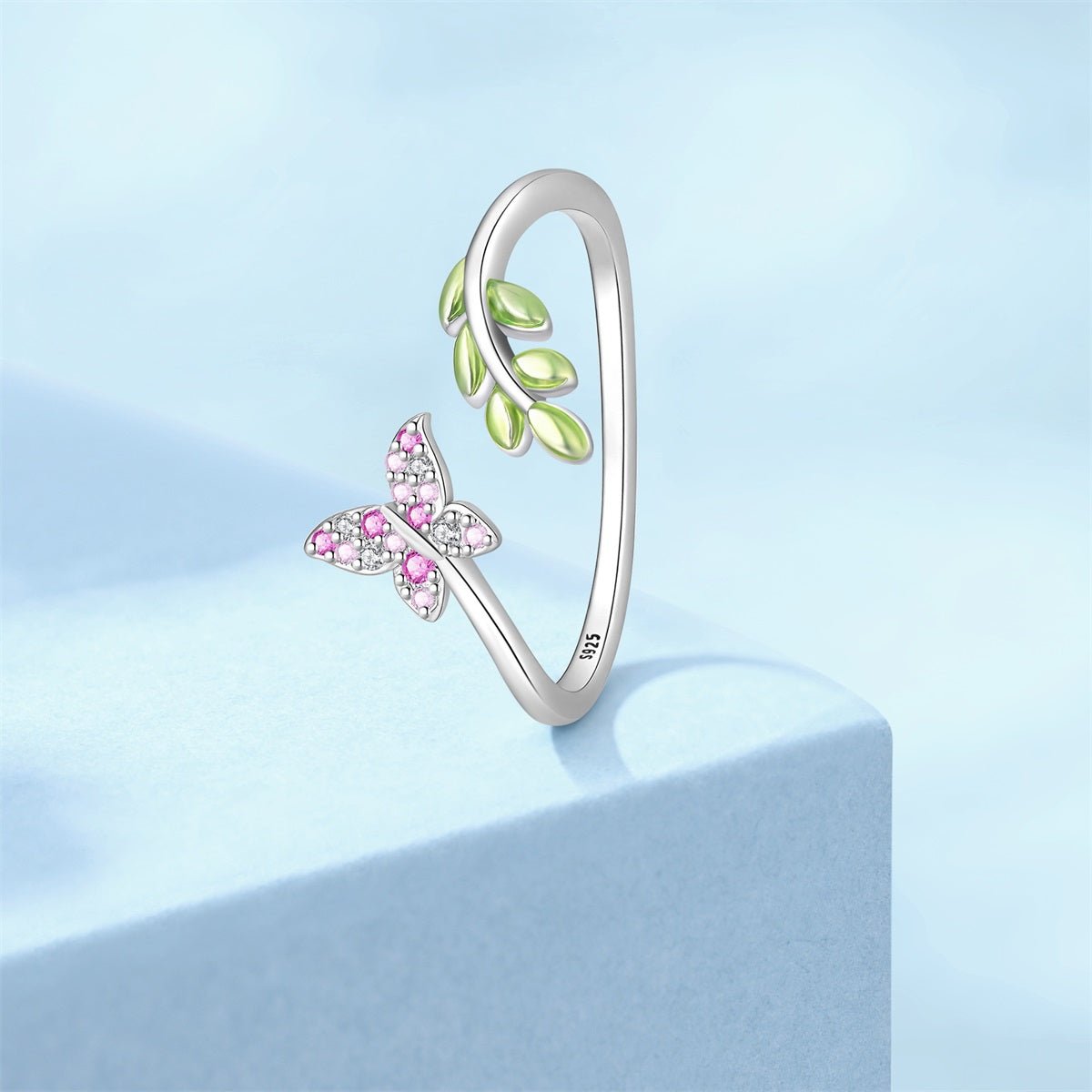 Pink Butterfly & Green Leaf Adjustable Ring