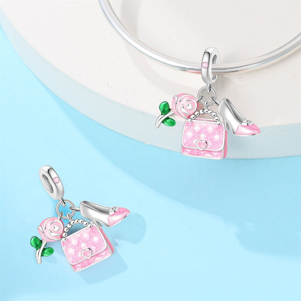 Pink Handbag, Rose, & High Heel Dangle Charm