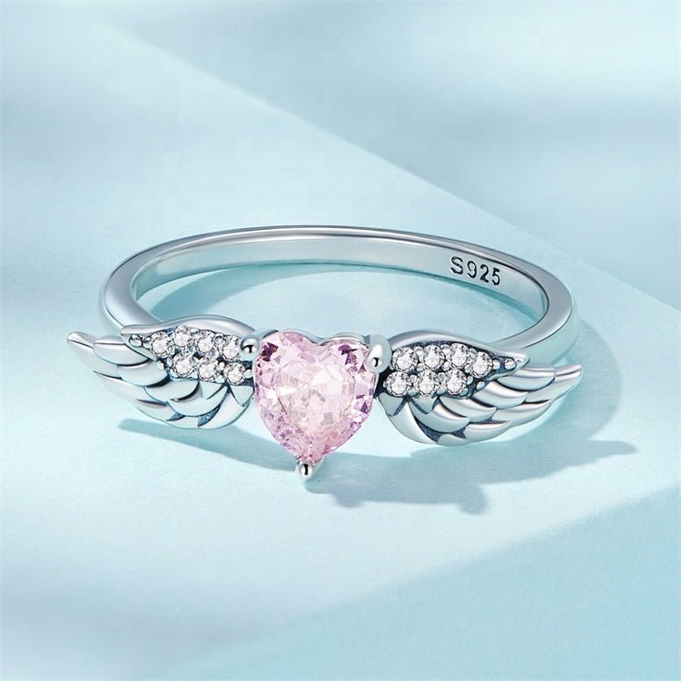 Pink Heart Angel Wings Ring