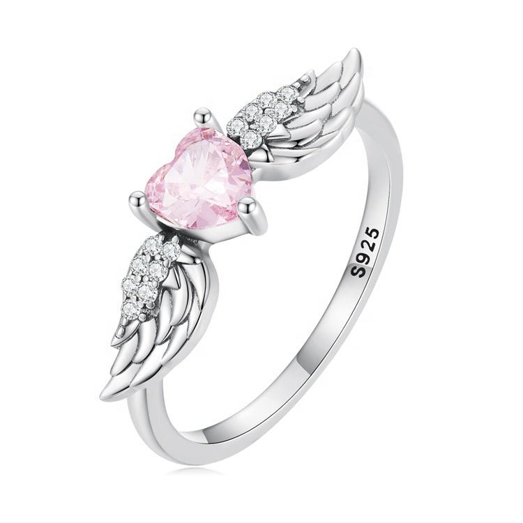 Pink Heart Angel Wings Ring