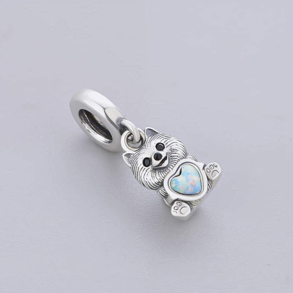 Pomeranian Dog with Heart Stone Dangle Charm