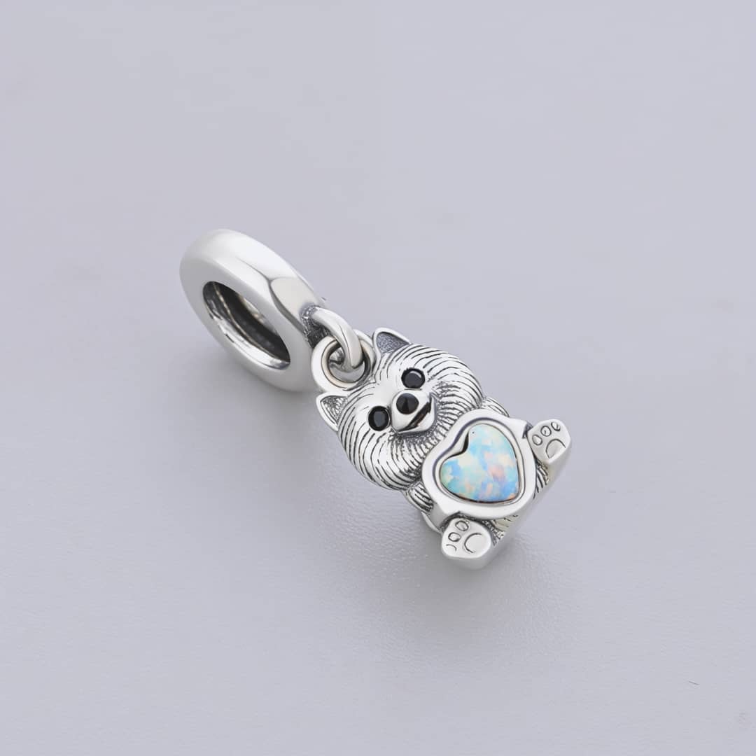 Pomeranian Dog with Heart Stone Dangle Charm