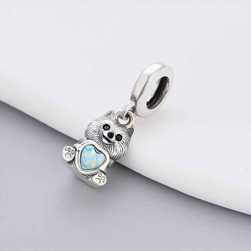 Pomeranian Dog with Heart Stone Dangle Charm