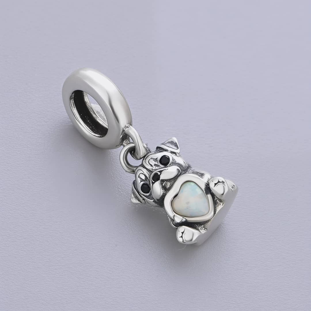 Pug Dog with Heart Stone Dangle Charm