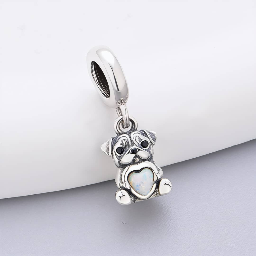 Pug Dog with Heart Stone Dangle Charm