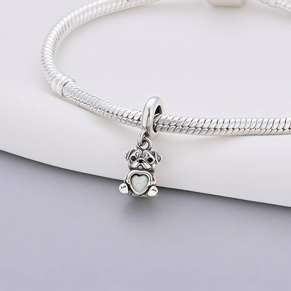 Pug Dog with Heart Stone Dangle Charm