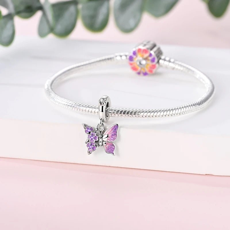 Purple Butterfly & Floral Dangle Charm