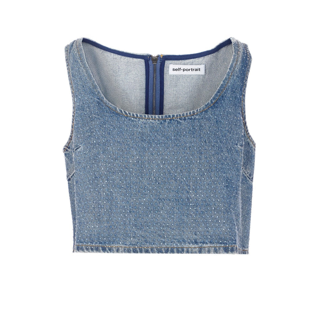 Self Portrait Women Rhinestone Denim Crop Top