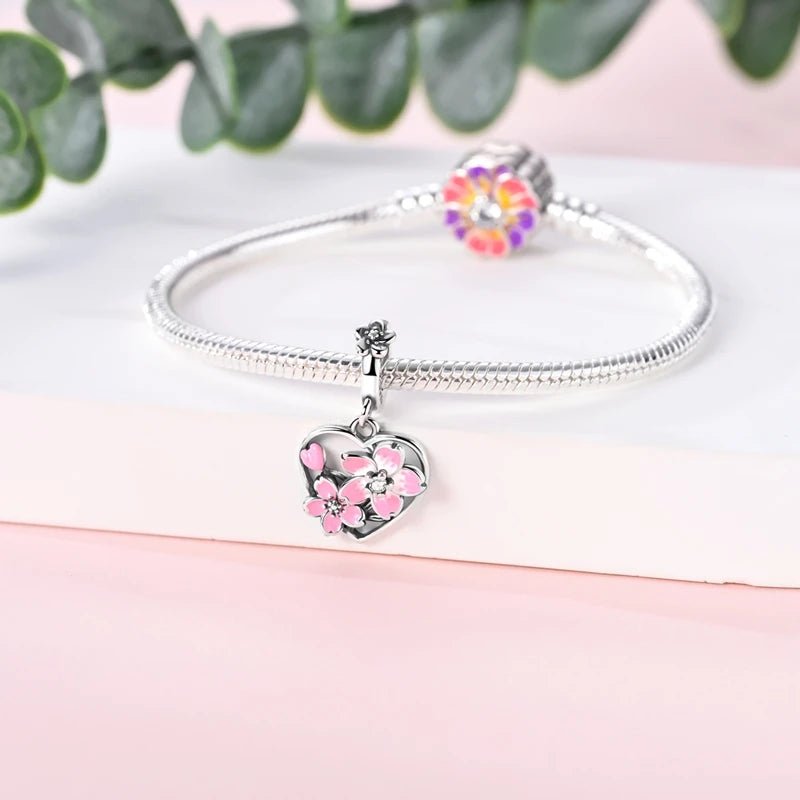Rotating Cherry Blossom Heart Dangle Charm
