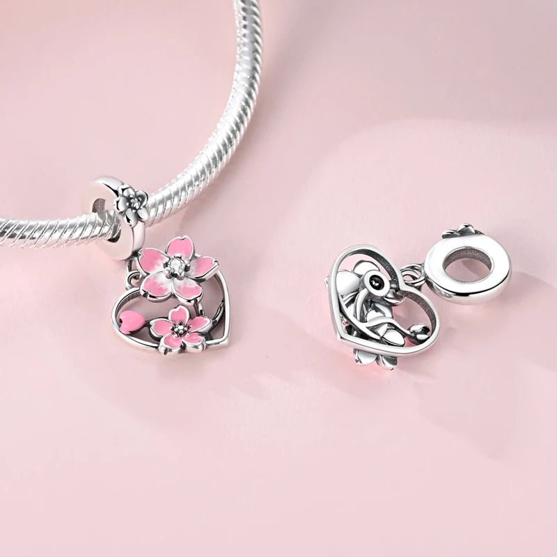 Rotating Cherry Blossom Heart Dangle Charm