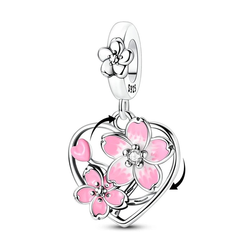 Rotating Cherry Blossom Heart Dangle Charm