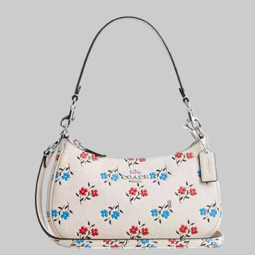 NWT Coach Leather Teri Shoulder Bag With Floral Print In Silver/Chalk Multi