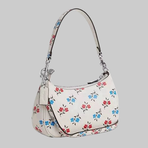 NWT Coach Leather Teri Shoulder Bag With Floral Print In Silver/Chalk Multi